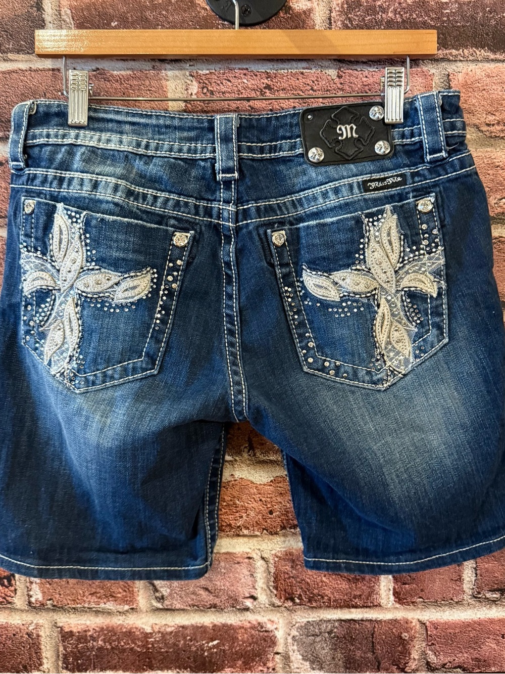 Miss Me Dark Blue Embroidered Denim Jean Bermuda Shorts